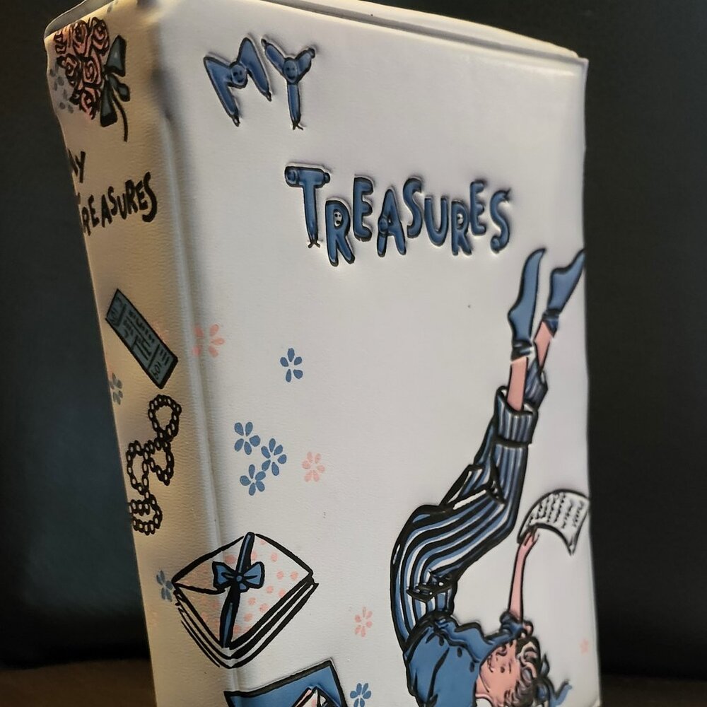 Vintage 50s Ponytail My Treasures Box blue vinyl no key jewelry box